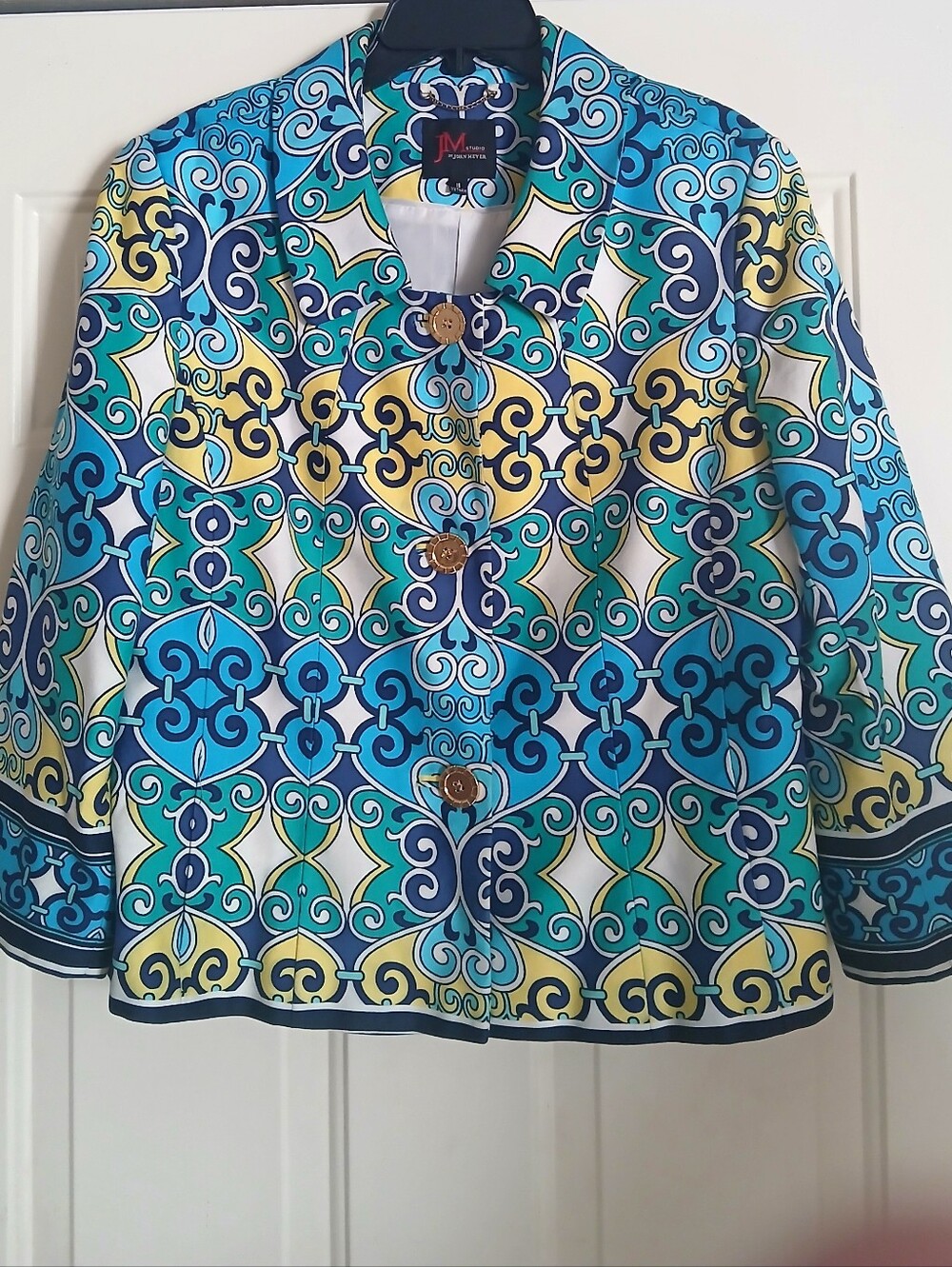 JM Collection Blue Teal and Yellow Printed Button-Front Jacket